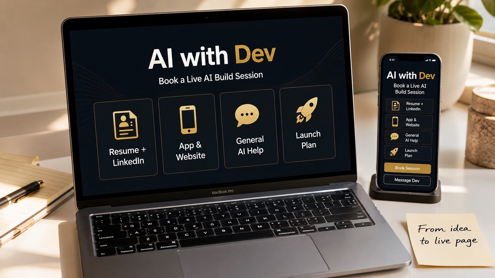 AI with Dev app and website idea explored through laptop and phone screen direction.