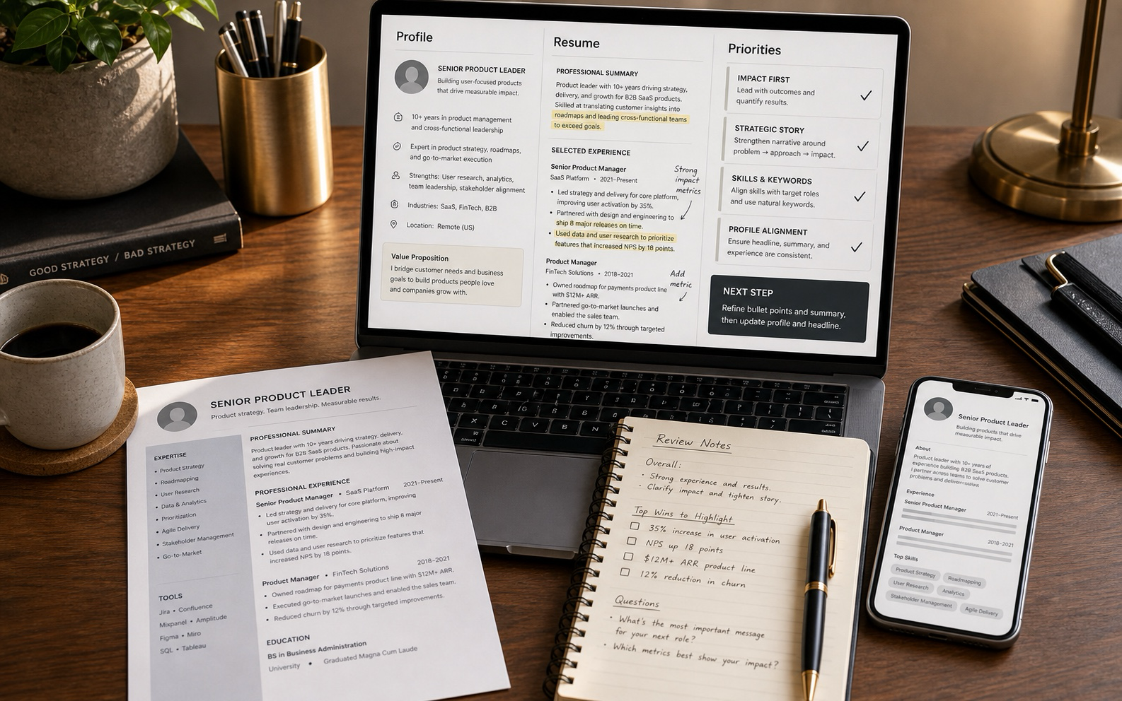 Career guidance workspace with resume, profile, and target-role review materials.